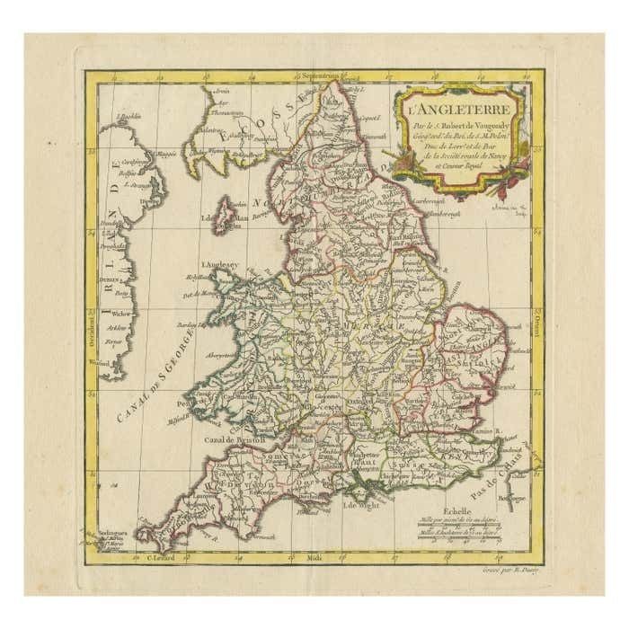 Original Antique Map Of England With Decorative Cartouche