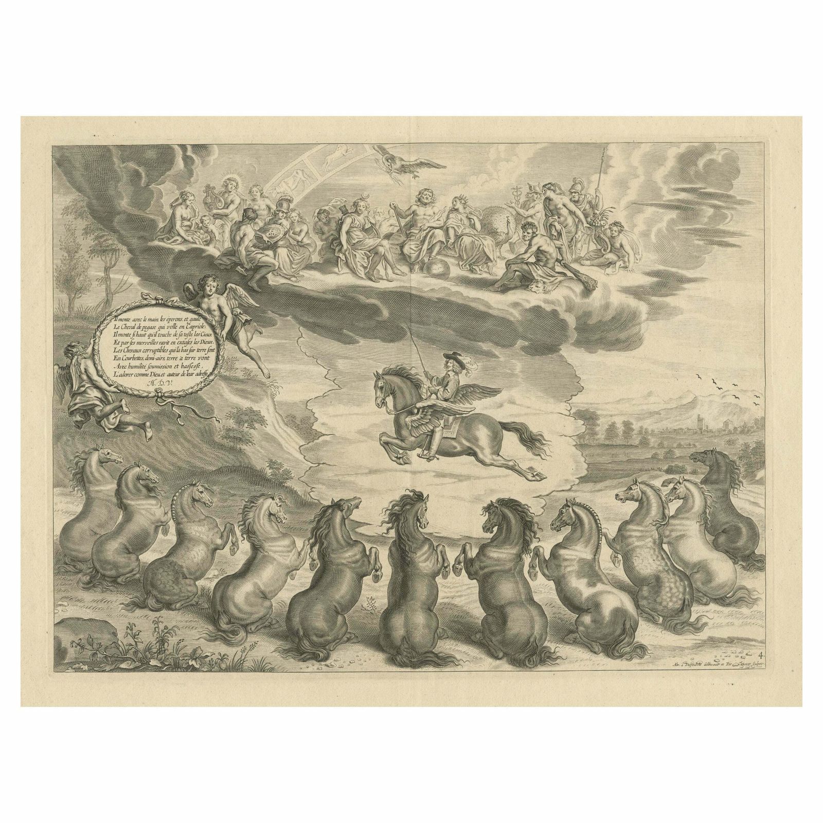 Antique Print Of William Cavendish On The Winged Horse Pegasus