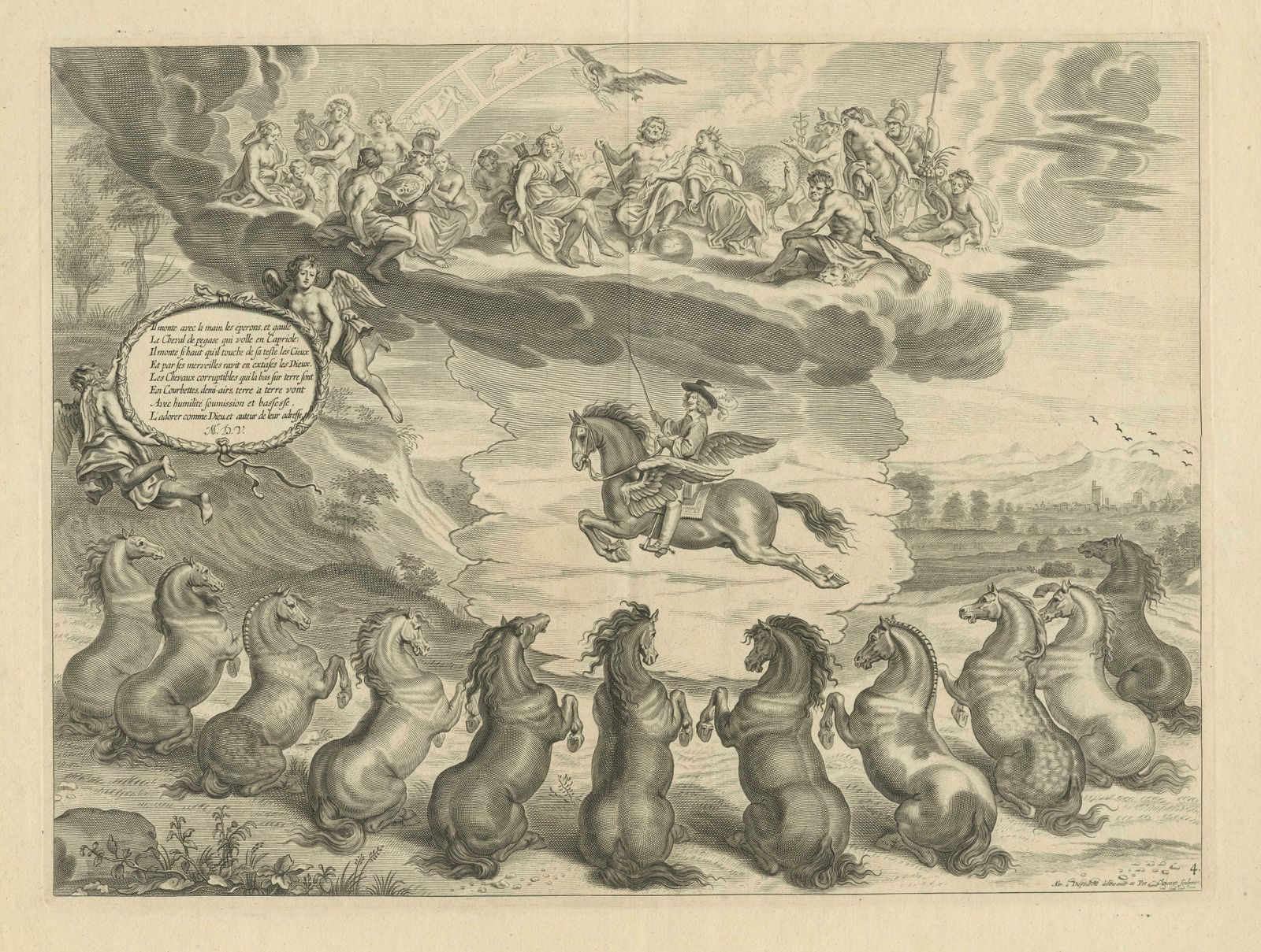 Antique Print Of William Cavendish On The Winged Horse Pegasus photo for sale