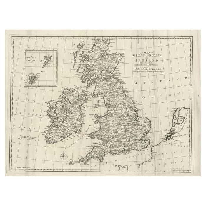Large Antique Map Of The British Isles, With Inset Of The Orkneys And Shetlands