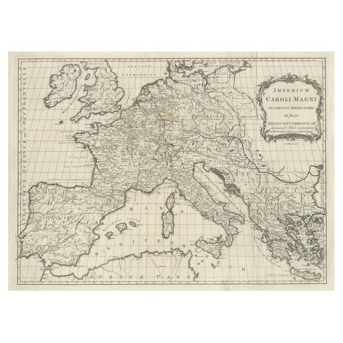 Large Antique Map Of Europe, Showing The Empire Of Charlemagne