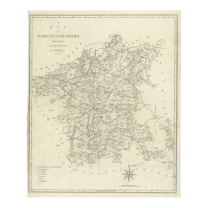 Large Antique County Map Of Worcestershire, England