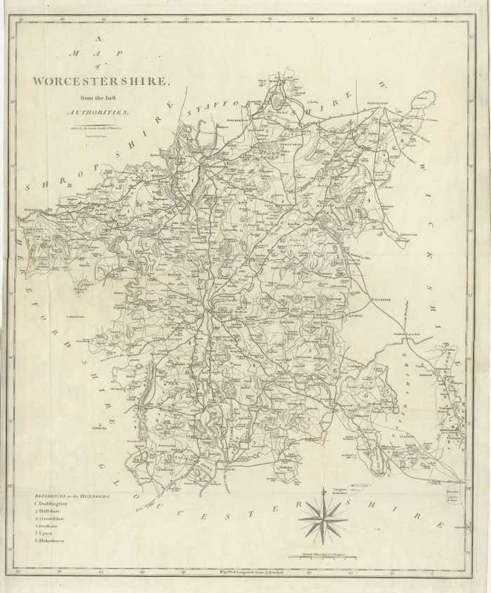 Large Antique County Map Of Worcestershire, England photo for sale