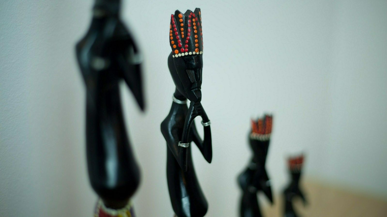 photo furniture Vintage Wooden Handmade Sculptures / Set Of 4 Colorful Ethnic African Figurines Thinking / Retro Ritual Home Decor / 1980s Interior Deco