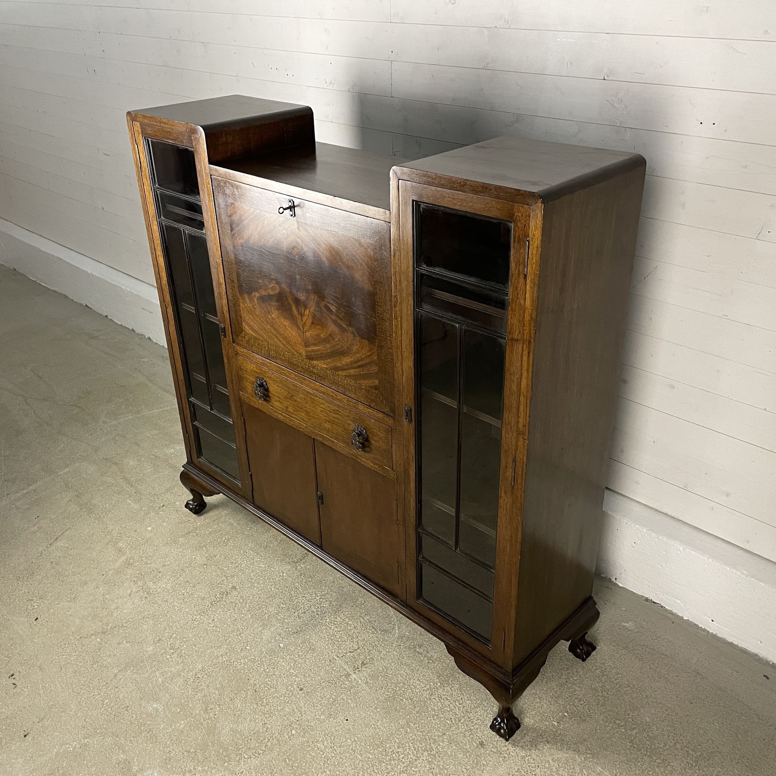 Antique Art Deco Mahogany Bureau With Glazed Cabinets photo for sale