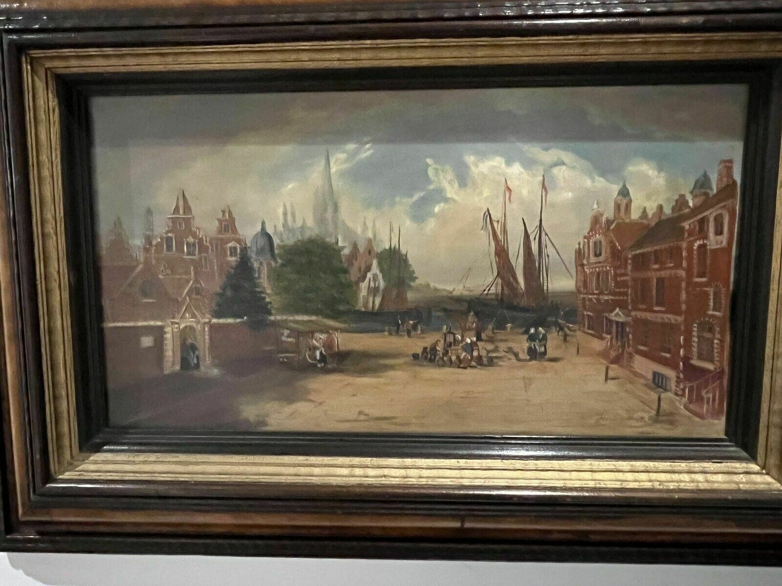 Antique Dutch Canal Scene Oil Painting, Signed F Knot In Frame photo vintage
