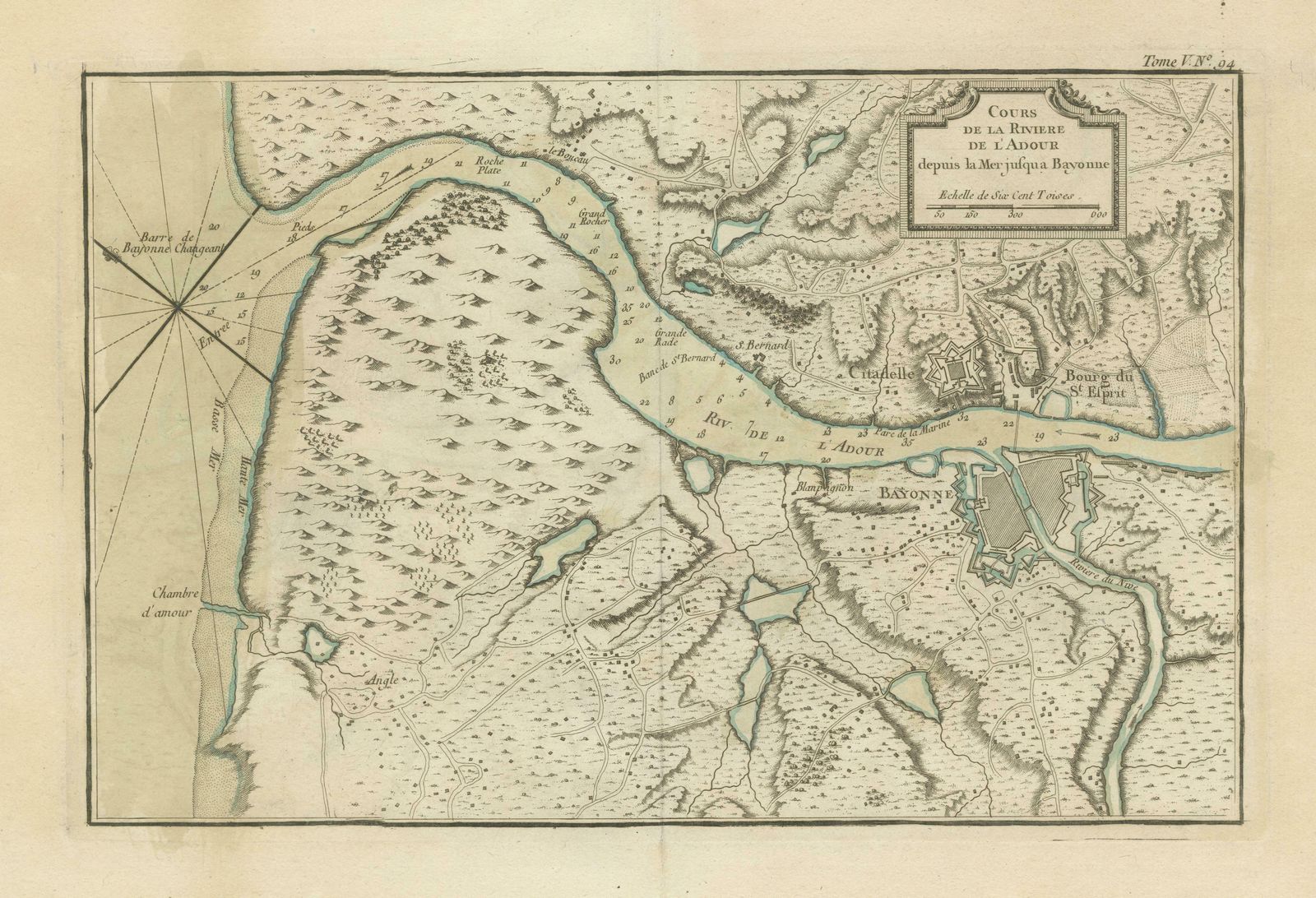 Antique Map Of The Adour River, Near Bayonne, France photo for sale