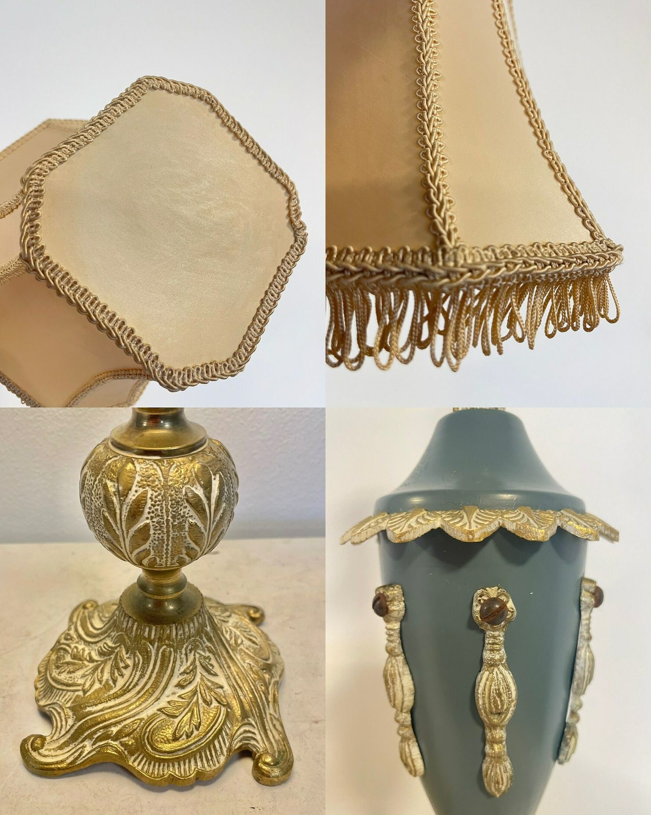 photo furniture Vintage 1930s Art Deco Table Lamp In Brass And Blue Painted Metal With Beautiful Details And Beige Fabric Shade