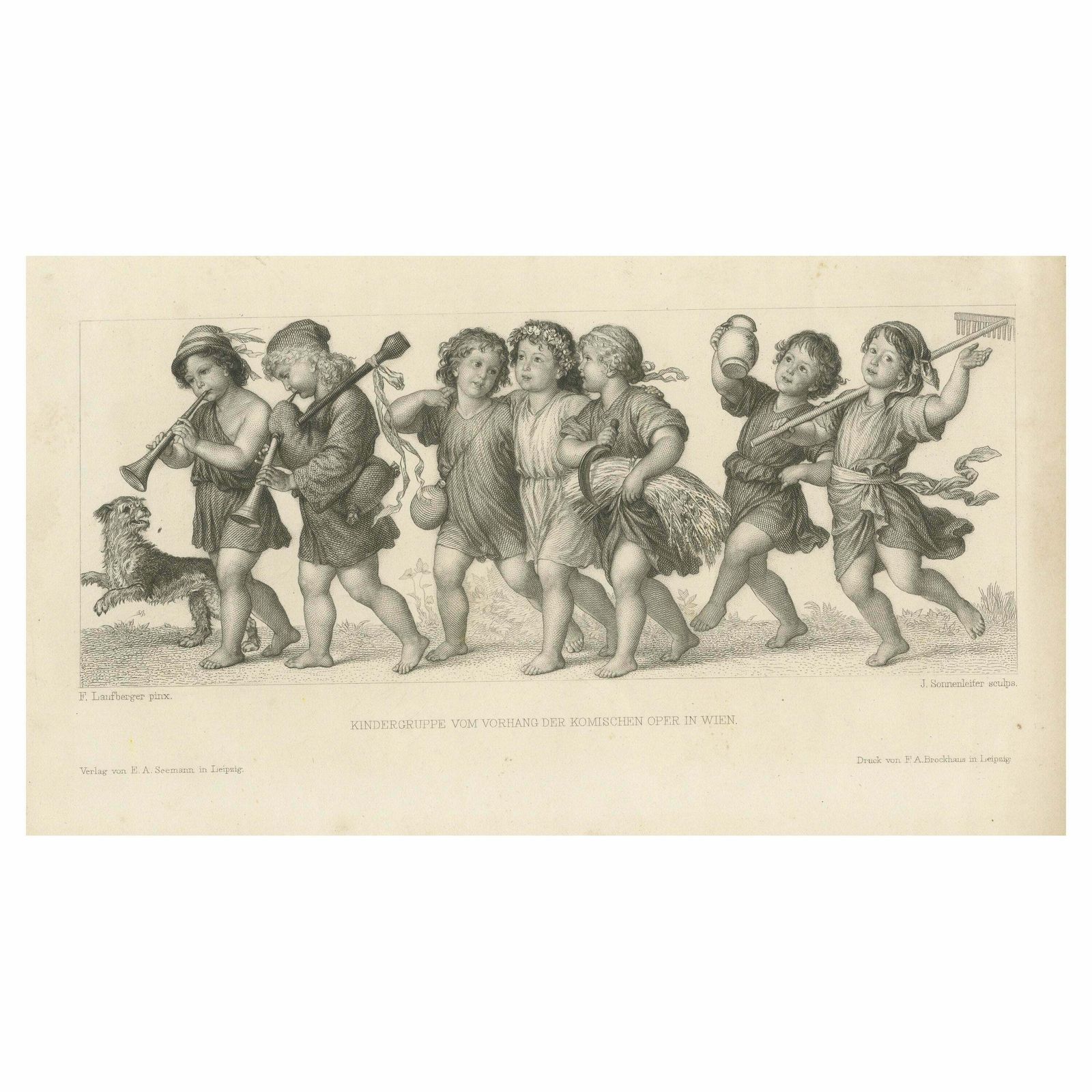 Antique Print Of A Group Of Children And A Dog