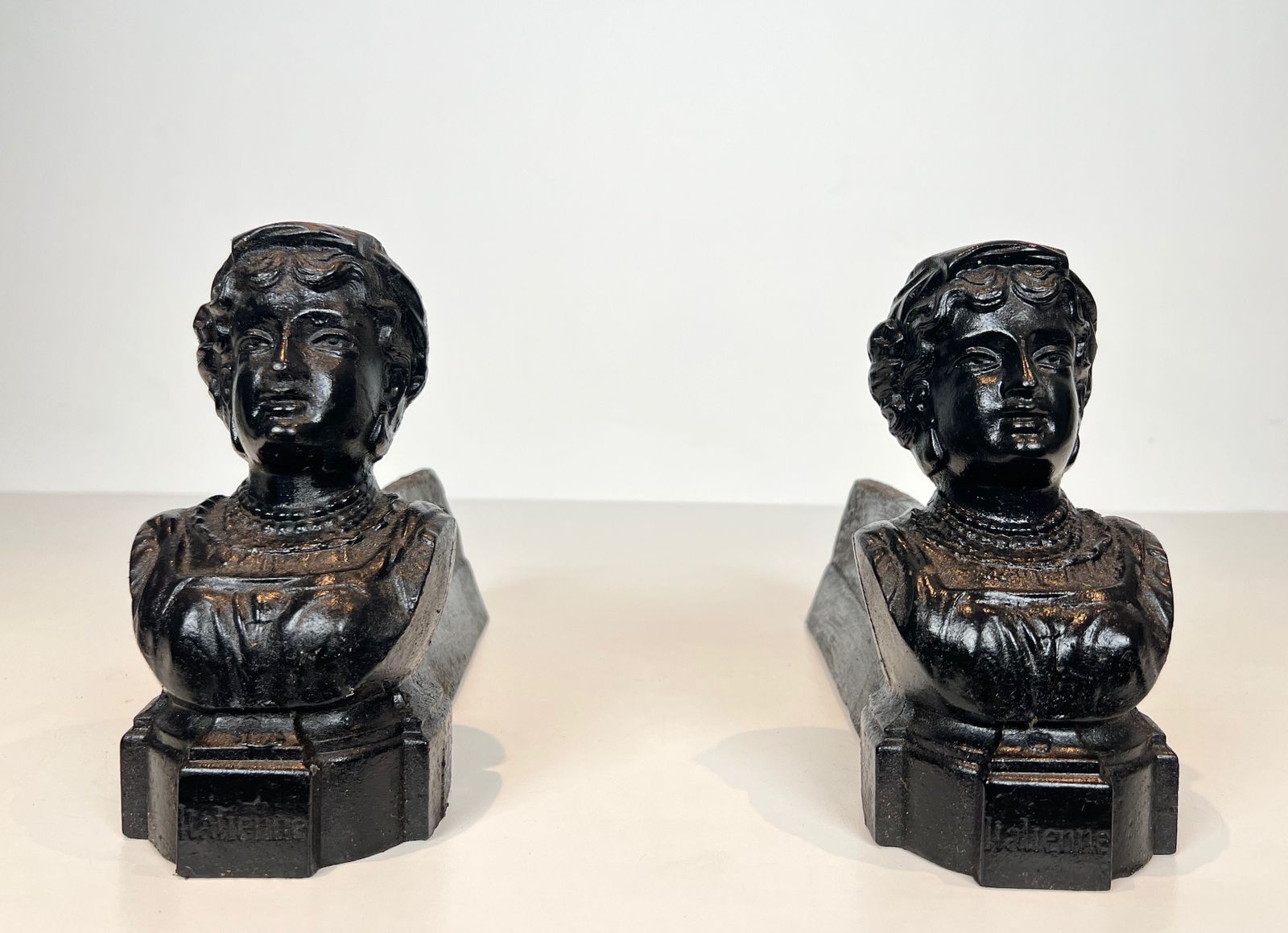 Pair Of Cast Iron Andirons With The Effigy Of An Italian Woman