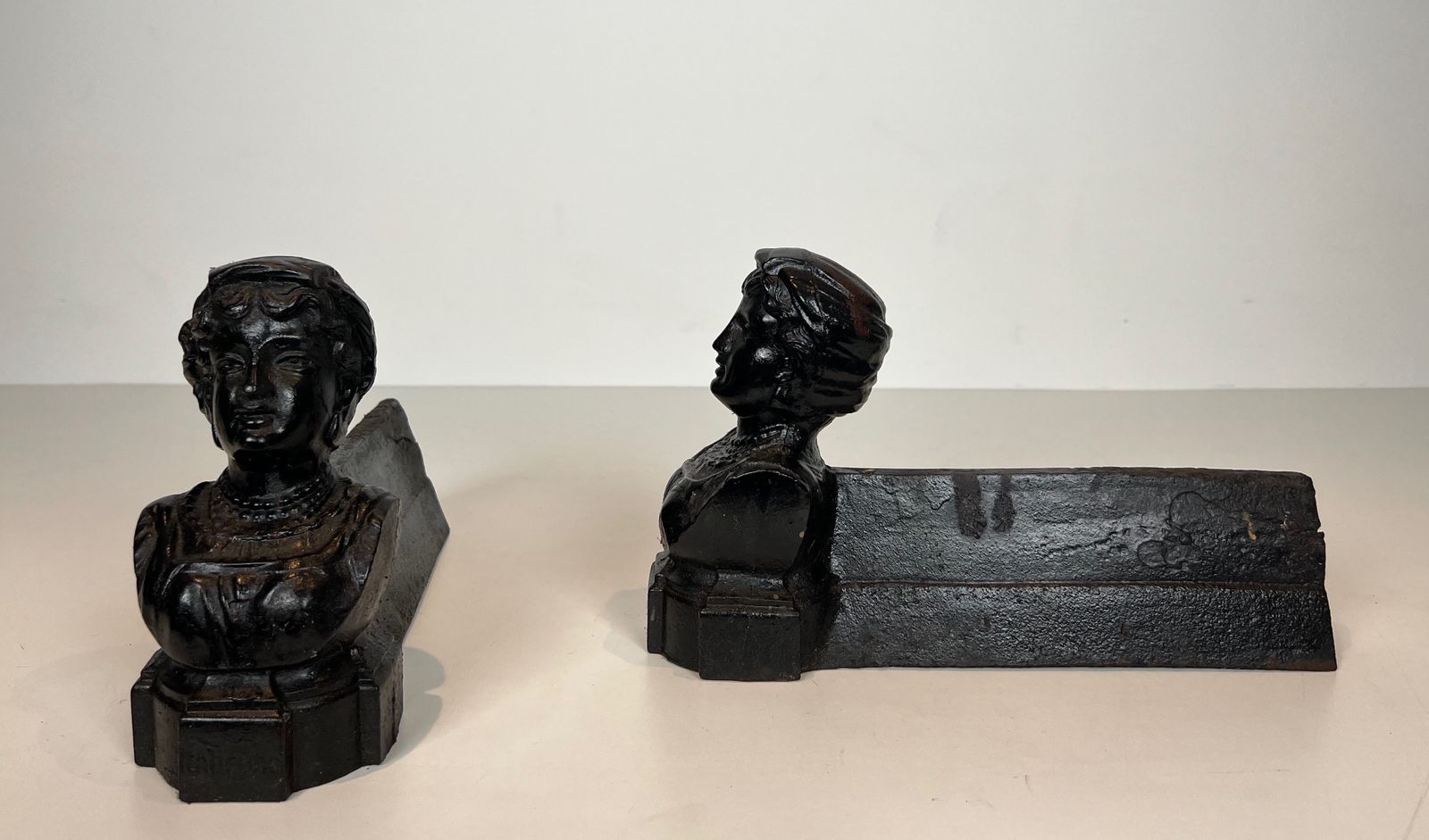 Pair Of Cast Iron Andirons With The Effigy Of An Italian Woman photo Art