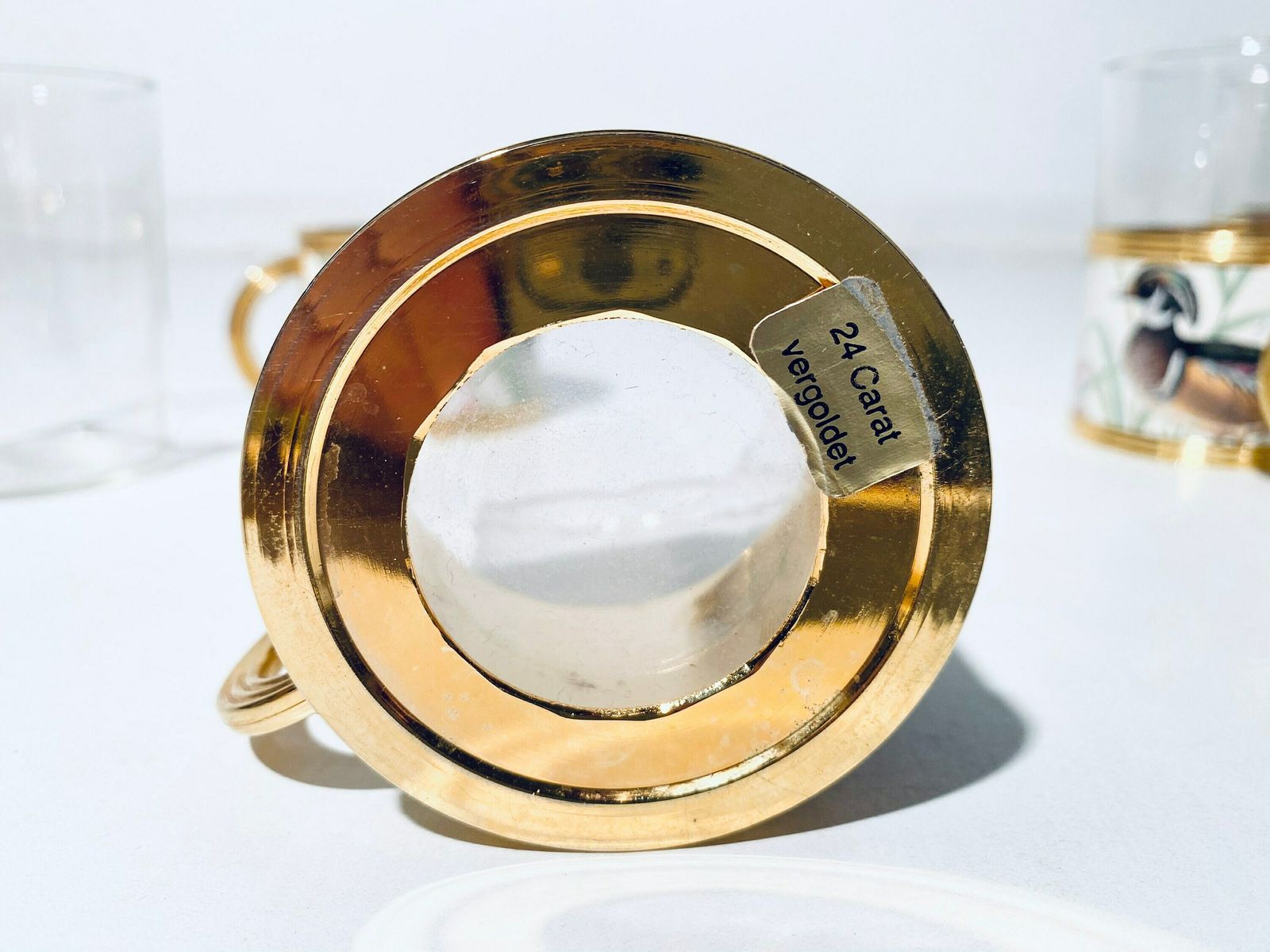 The Turnwald Collection Six Tea Set Glasses With Duck Motif & 24 Carat Gold Plated Holder / Vintage Decor photo vintage