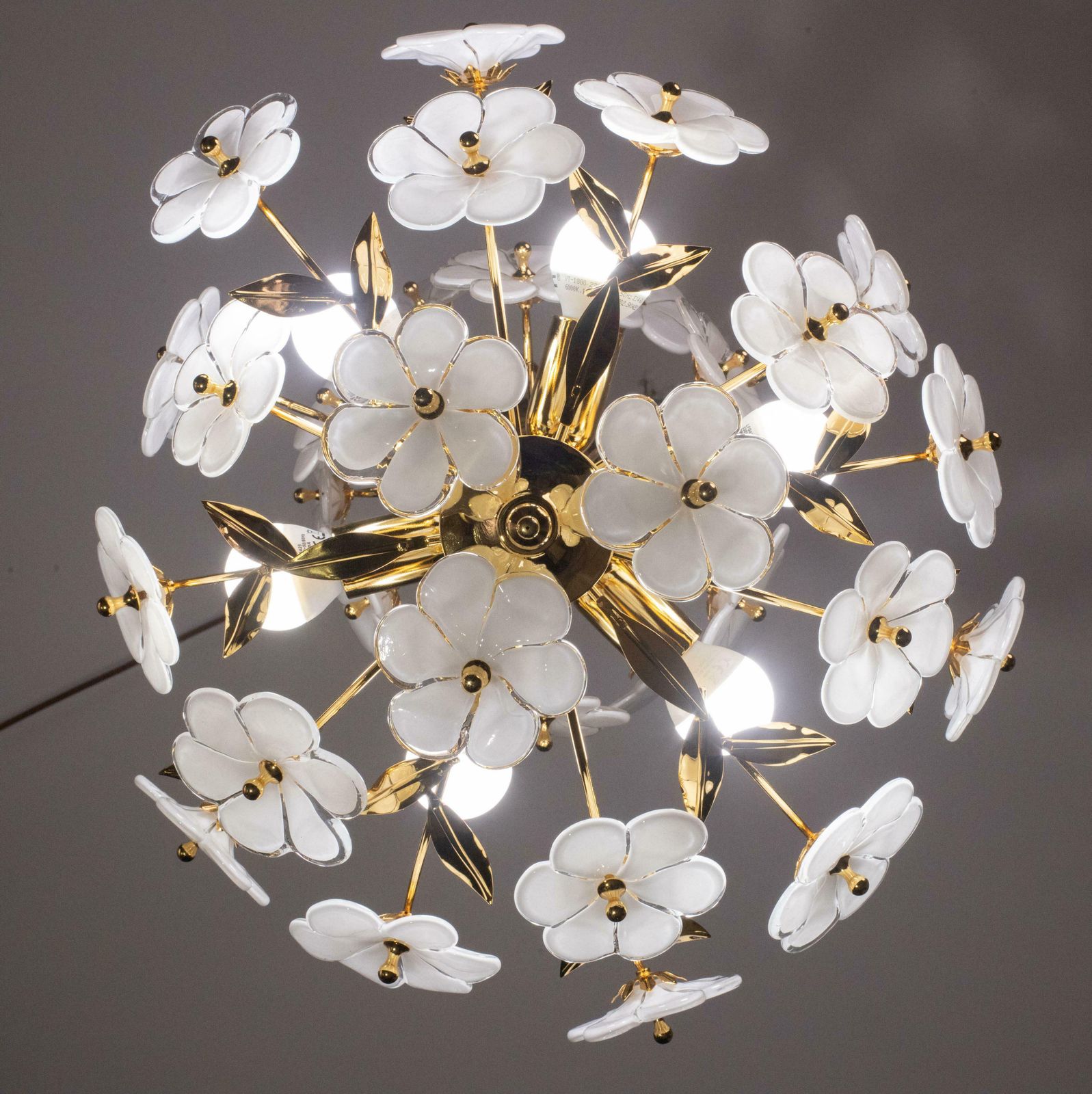 Spectacular Murano Chandelier Full Of White Flowers, New Bath Gold, 1980s photo for sale