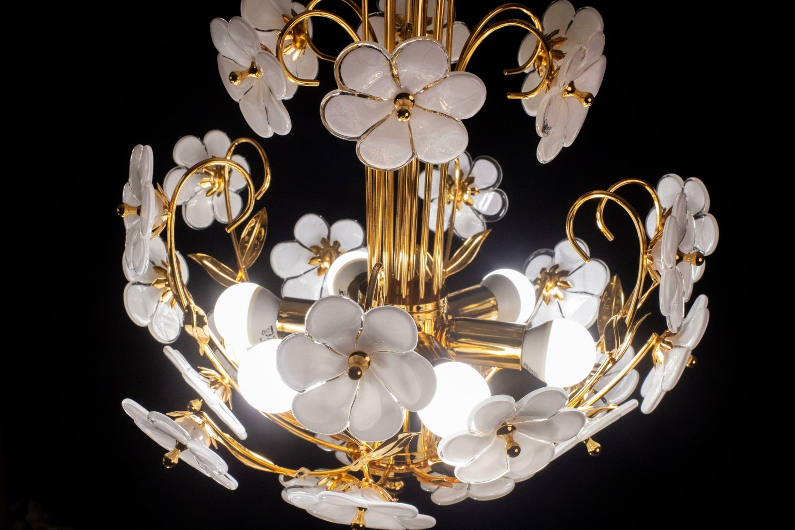 photo furniture Spectacular Murano Chandelier Full Of White Flowers, New Bath Gold, 1980s