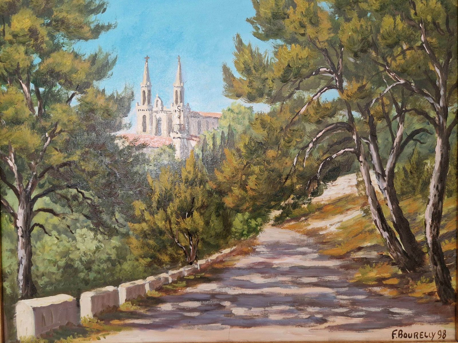 French Country Church Spire And Forest Path Painting, Framed Vintage Gallery Wall Art Of Saint Vincent De Paul In Marseille, Provence photo Art