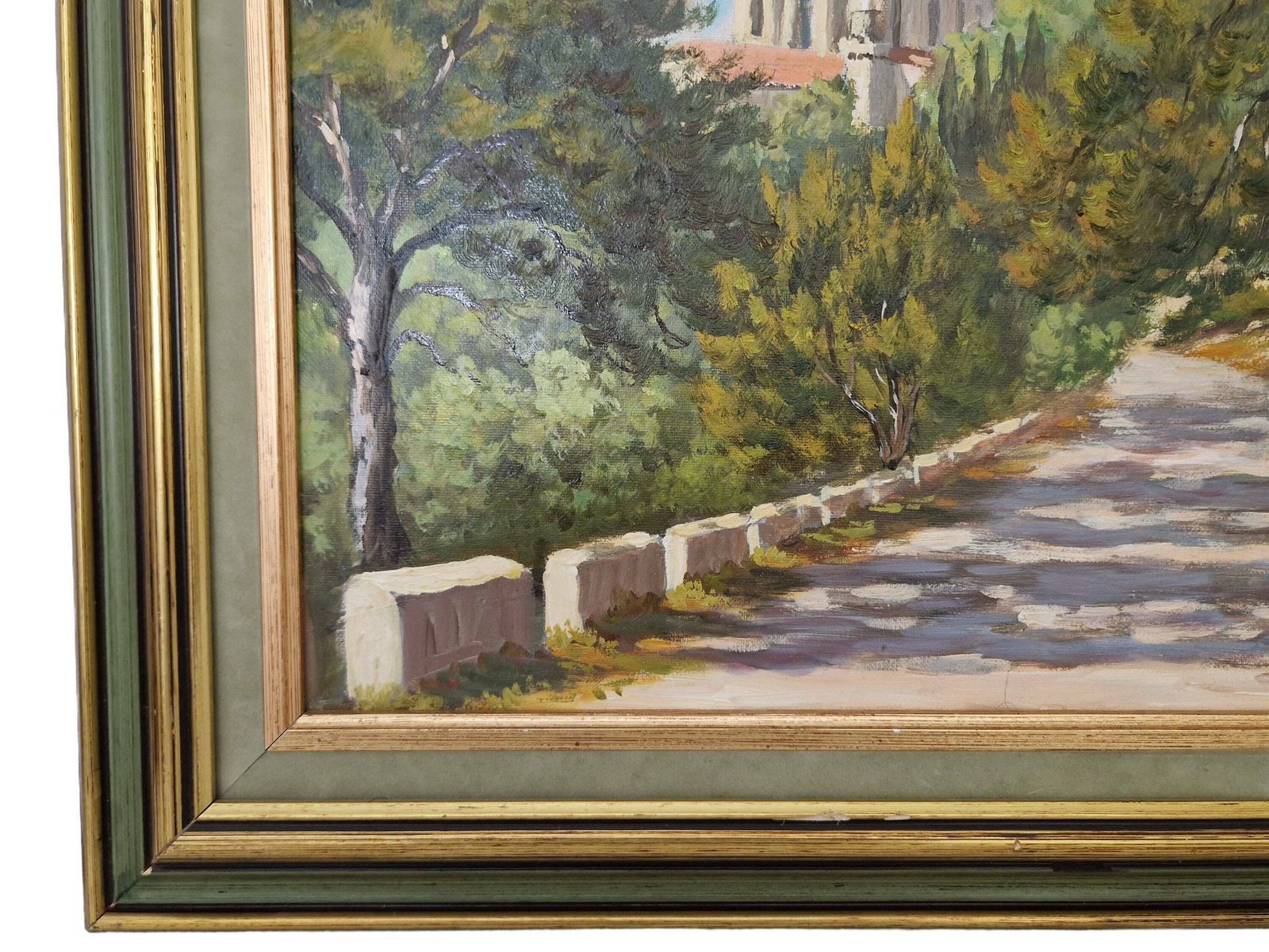 French Country Church Spire And Forest Path Painting, Framed Vintage Gallery Wall Art Of Saint Vincent De Paul In Marseille, Provence photo buy