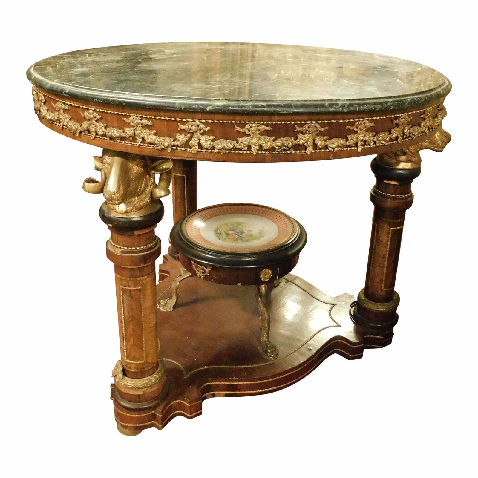 Round Table With Pedestal, Chiseled Bronzes, Green Marble Top, 1840 Germany