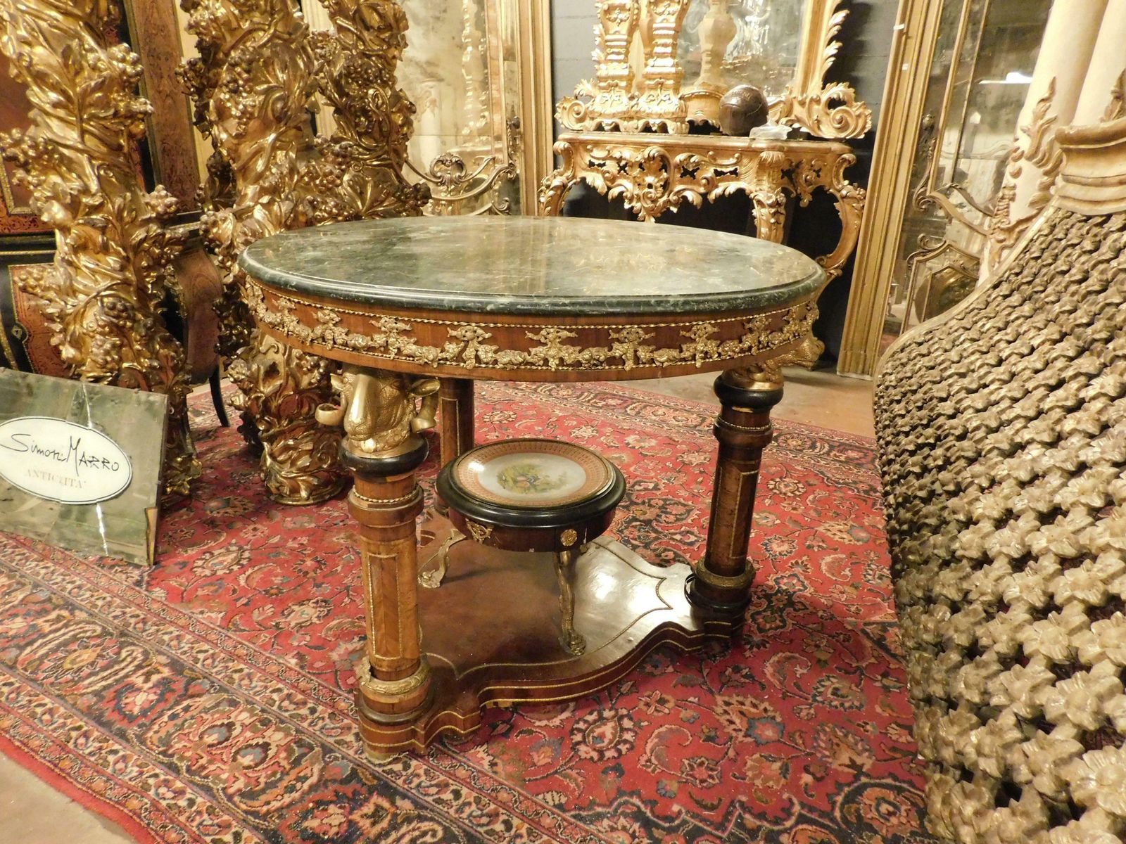Round Table With Pedestal, Chiseled Bronzes, Green Marble Top, 1840 Germany photo Furniture