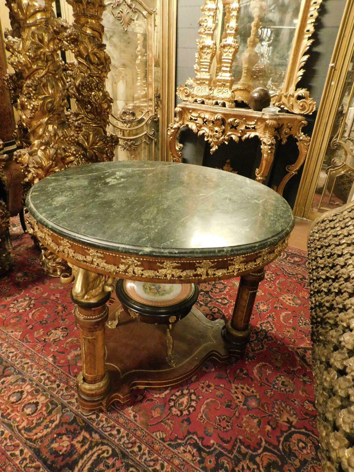 Round Table With Pedestal, Chiseled Bronzes, Green Marble Top, 1840 Germany photo vinterior