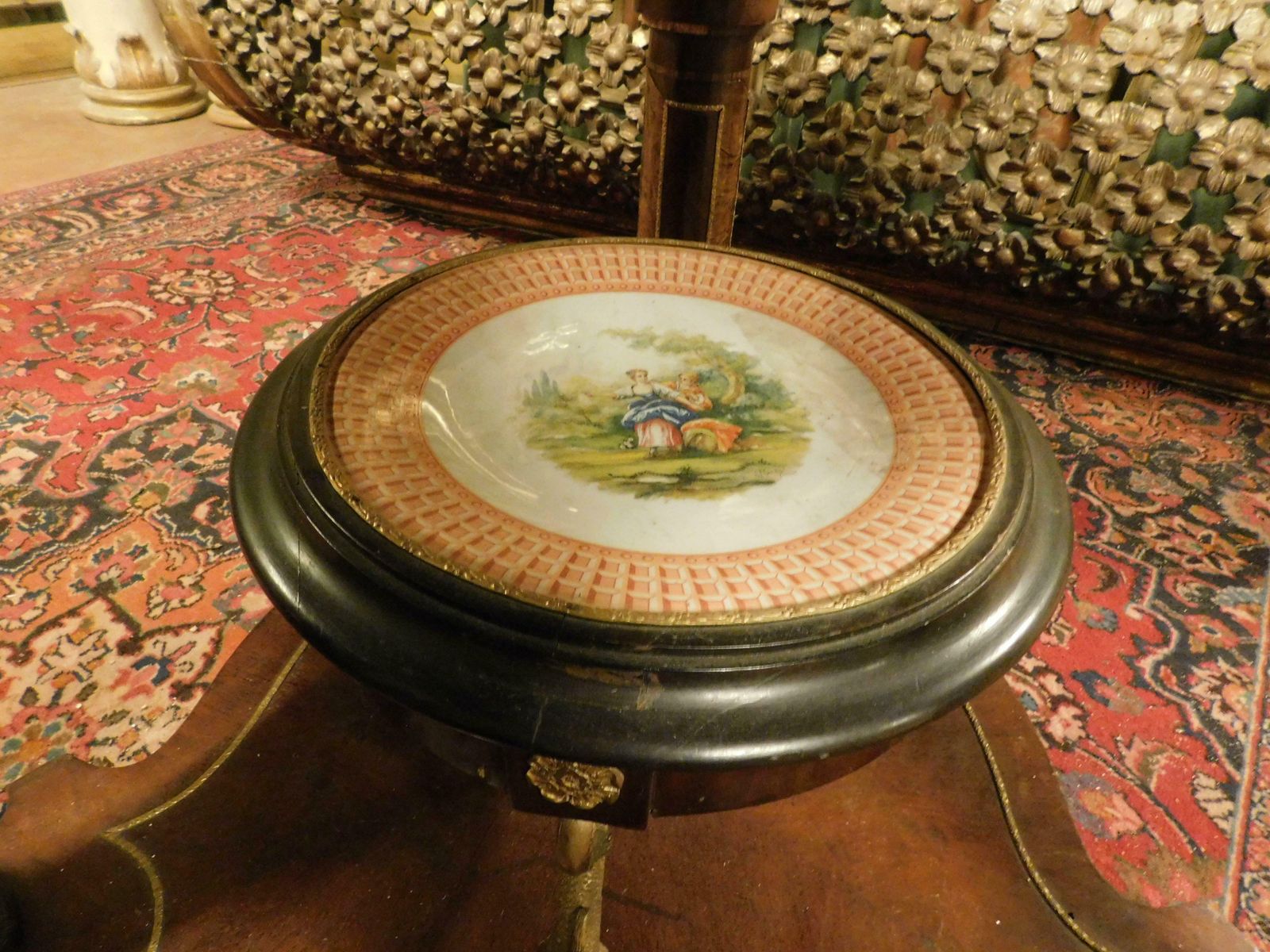 photo for sale Round Table With Pedestal, Chiseled Bronzes, Green Marble Top, 1840 Germany