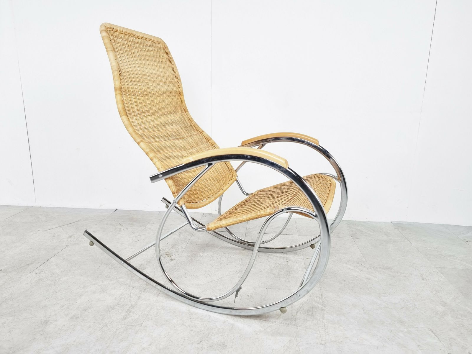 Vintage Chrome And Wicker Rocking Chair, 1970s photo vinterior