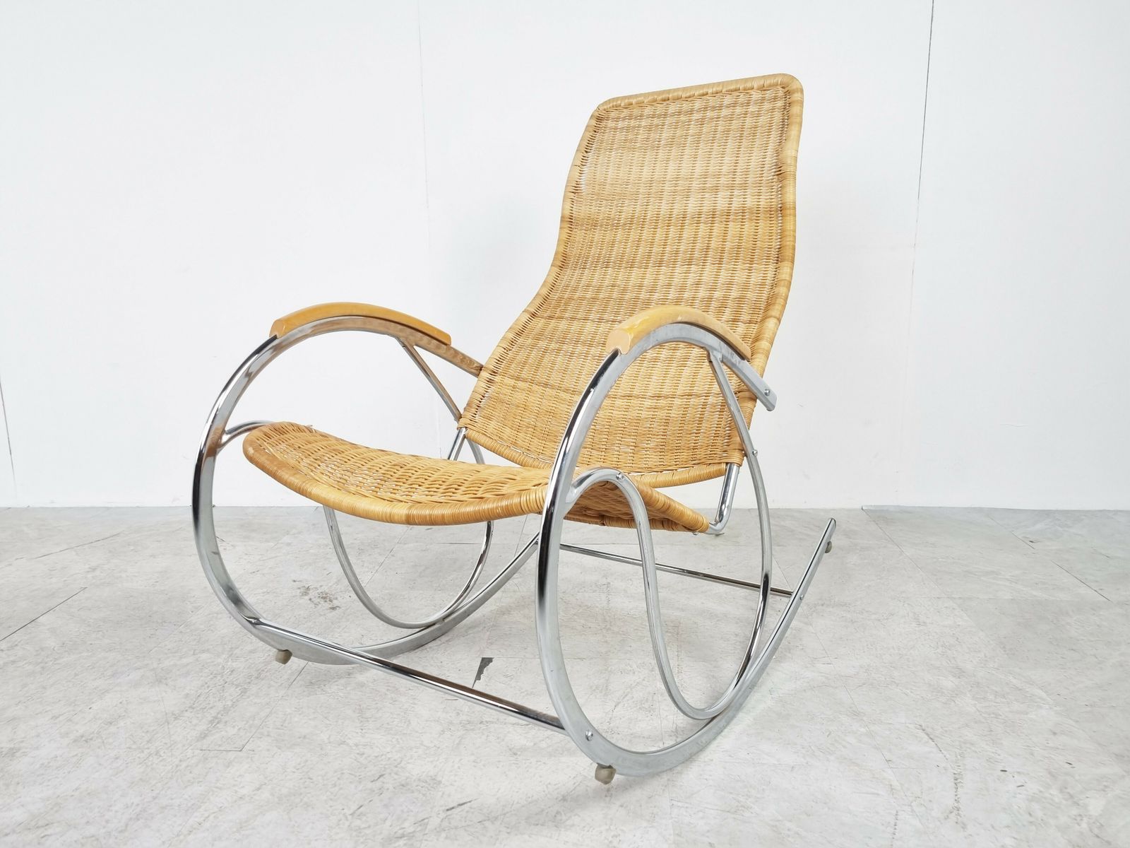 Vintage Chrome And Wicker Rocking Chair, 1970s