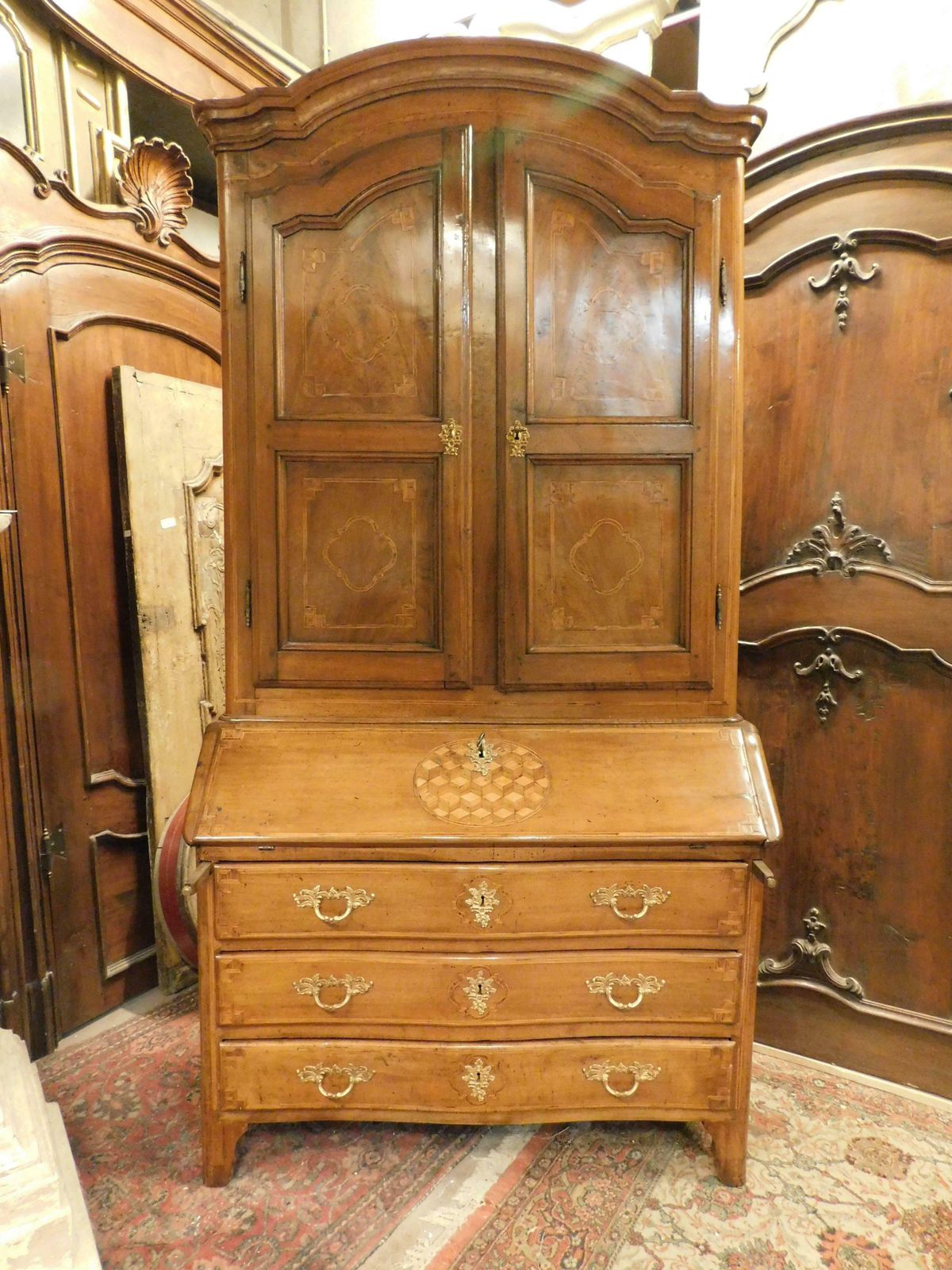 Antique Walnut Trumeau, Richly Inlaid, 2 Doors, Drawers And Flap, Italy photo for sale