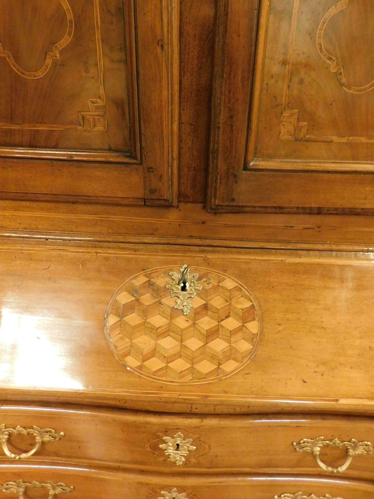 Antique Walnut Trumeau, Richly Inlaid, 2 Doors, Drawers And Flap, Italy photo 8781.0