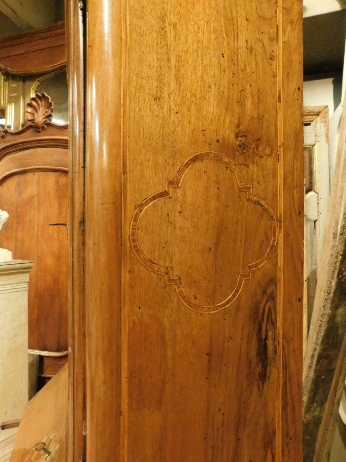 Furniture Antique Walnut Trumeau, Richly Inlaid, 2 Doors, Drawers And Flap, Italy photo