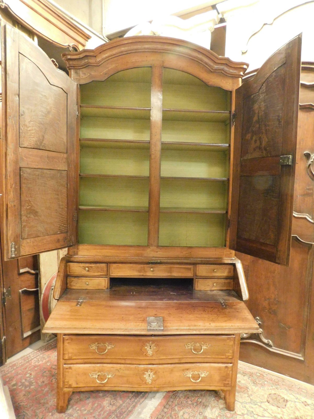 8781.0 Antique Walnut Trumeau, Richly Inlaid, 2 Doors, Drawers And Flap, Italy photo
