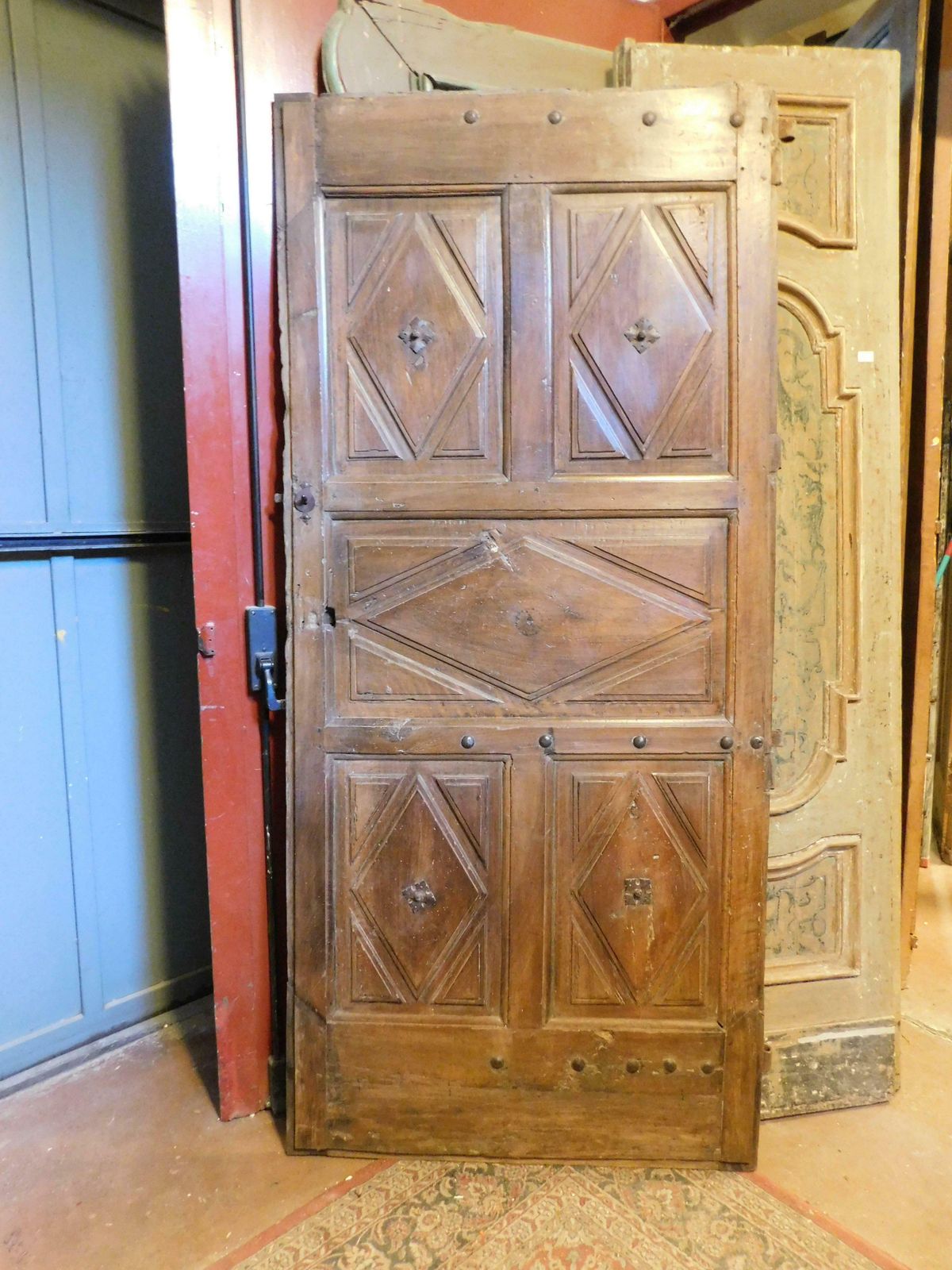 Interior Wooden Door With Diamond Shaped Carved Panels, Italy photo vinterior