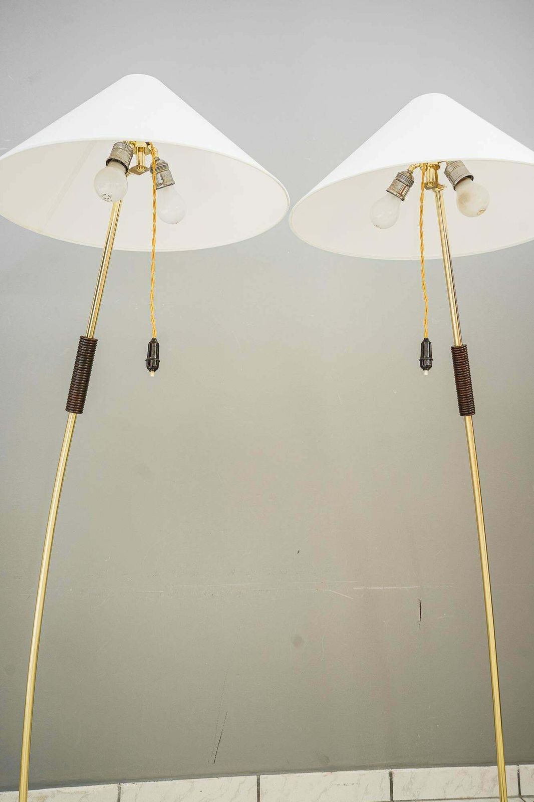 2x Rupert Nikoll Floor Lamps With Wood Handle, Circa 1950s photo vinterior