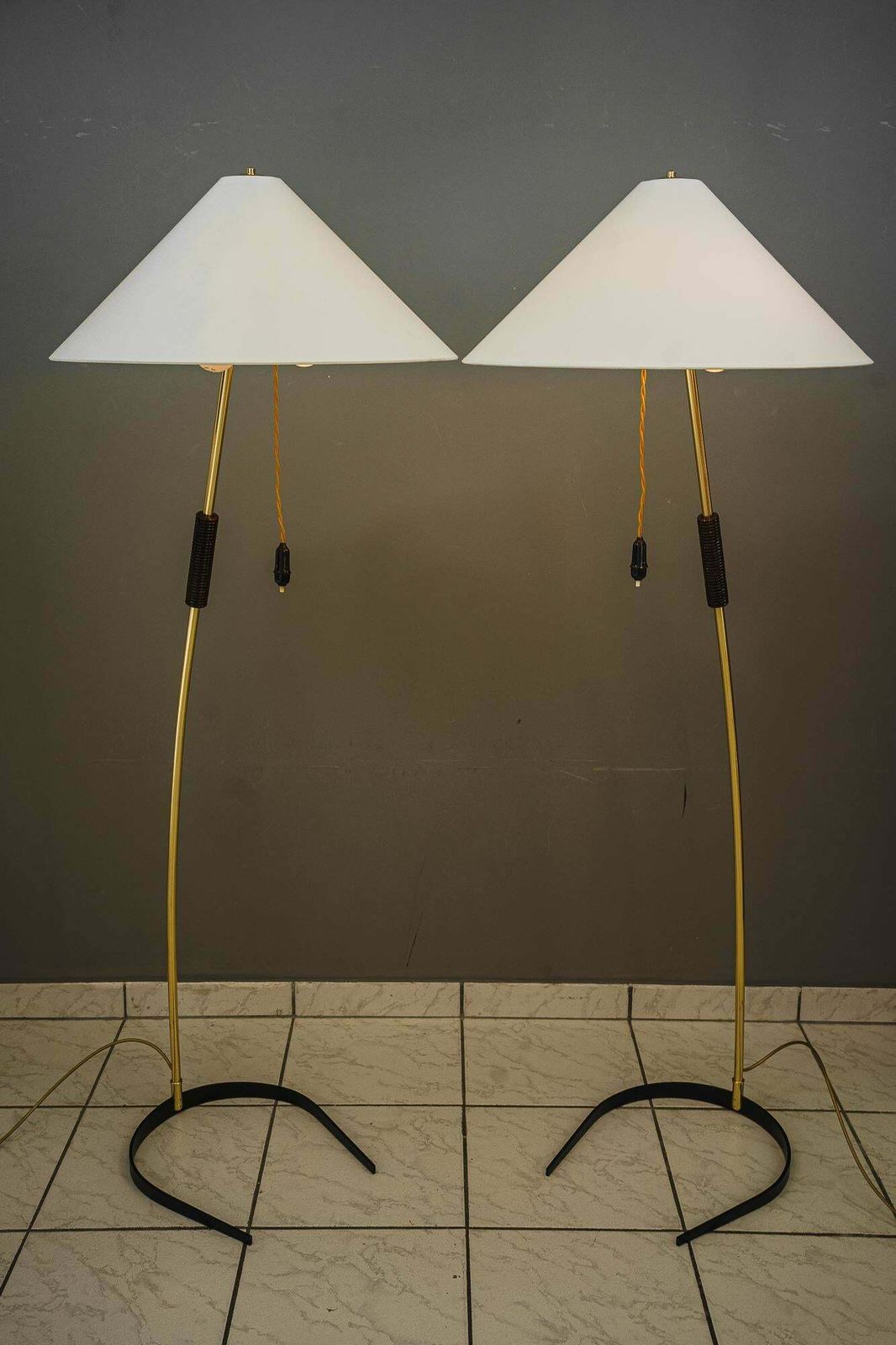 Lighting 2x Rupert Nikoll Floor Lamps With Wood Handle, Circa 1950s photo
