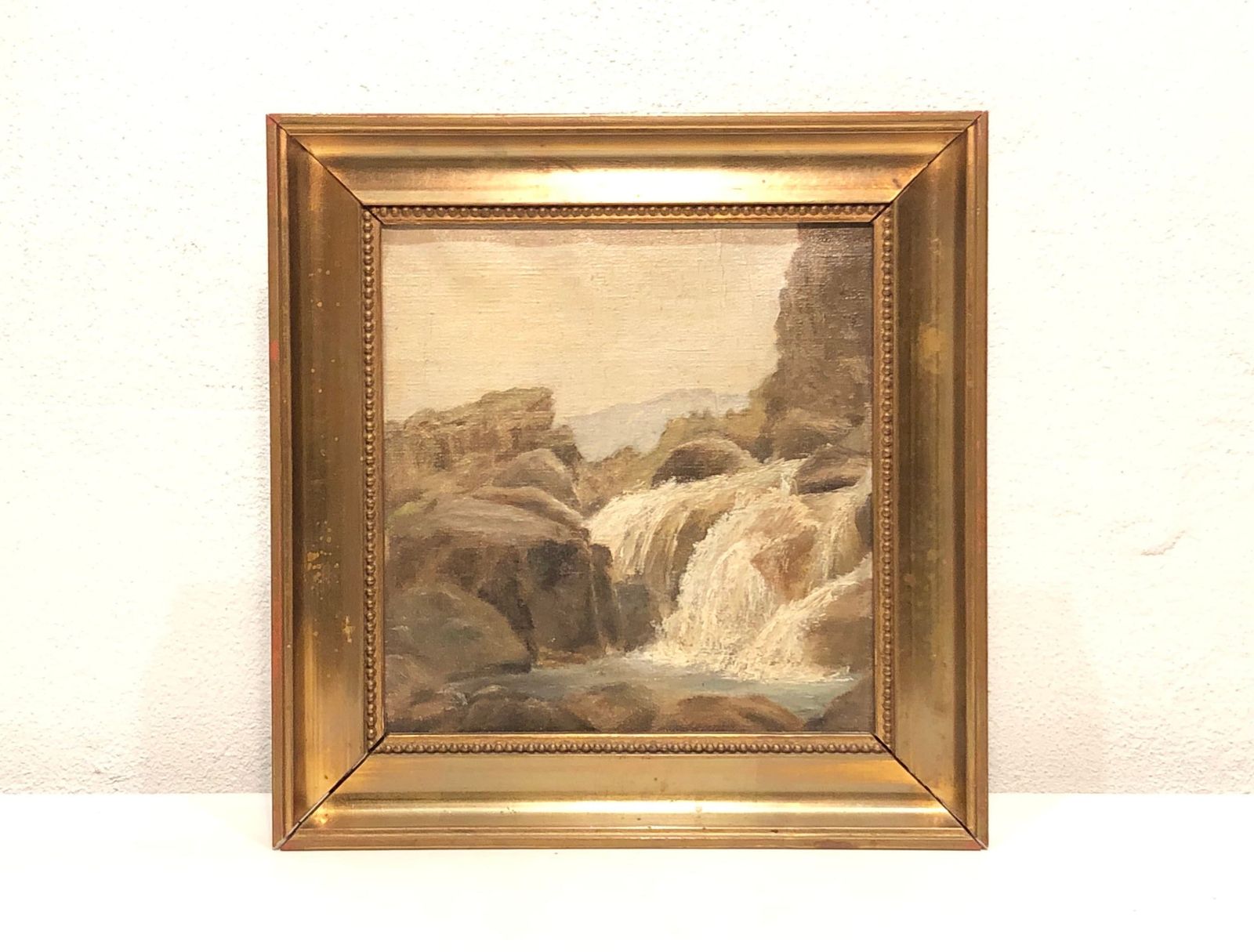 Naturalist Oil Painting Of Waterfall And Mountain Scenery In Gold Painted Wooden Frame