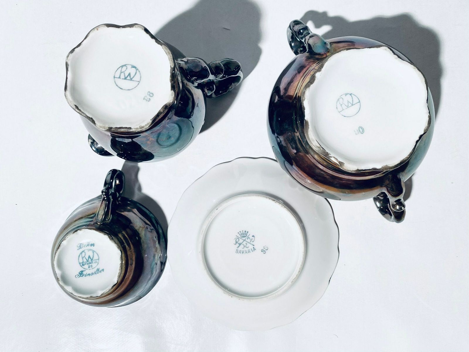 Silver Plated Rudolf Wachter Bavaria Porcelain Tea Cup Set With Milk & Sugar Holders / 1920s   1940s photo vintage