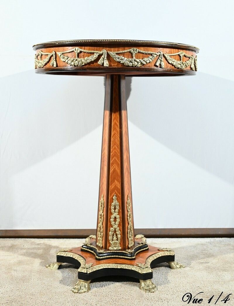 Precious Wood Pedestal Table, Restoration Style, Napoleon III Period – Mid 19th Century photo vintage