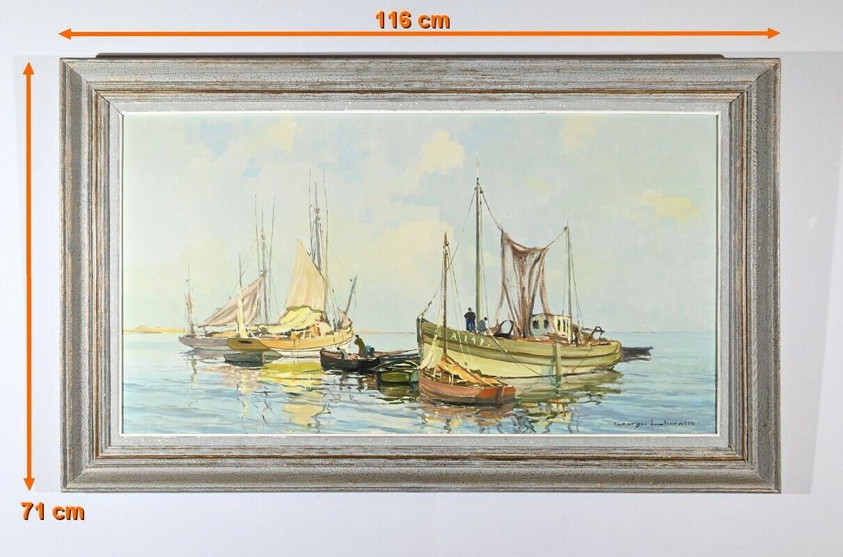 Oil Painting On Hardboard “Trawler And Tuna Boats”, Signed G.Lhermitte – Mid 20th Century photo furniture