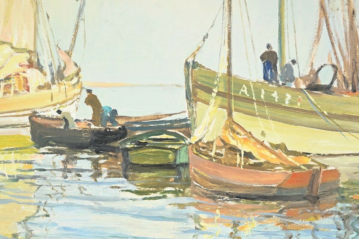 Oil Painting On Hardboard “Trawler And Tuna Boats”, Signed G.Lhermitte – Mid 20th Century photo vintage
