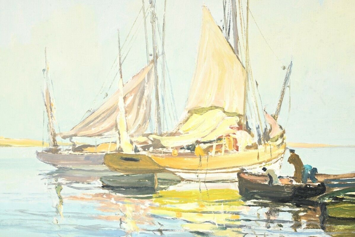 1388.83870991 Oil Painting On Hardboard “Trawler And Tuna Boats”, Signed G.Lhermitte – Mid 20th Century photo