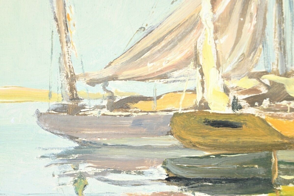 photo vintage Oil Painting On Hardboard “Trawler And Tuna Boats”, Signed G.Lhermitte – Mid 20th Century