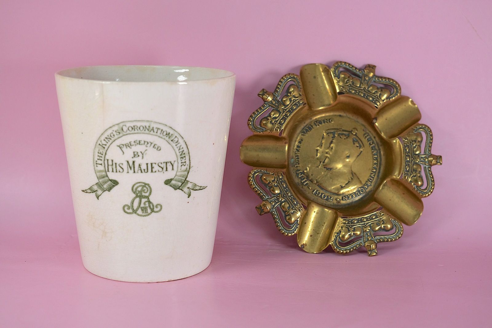 King Edward VII Queen Alexandra Coronation 1902 — Royal Doulton Beaker & Commemorative Brass Ashtray | Rare Antique Royalty Memorabilia photo furniture