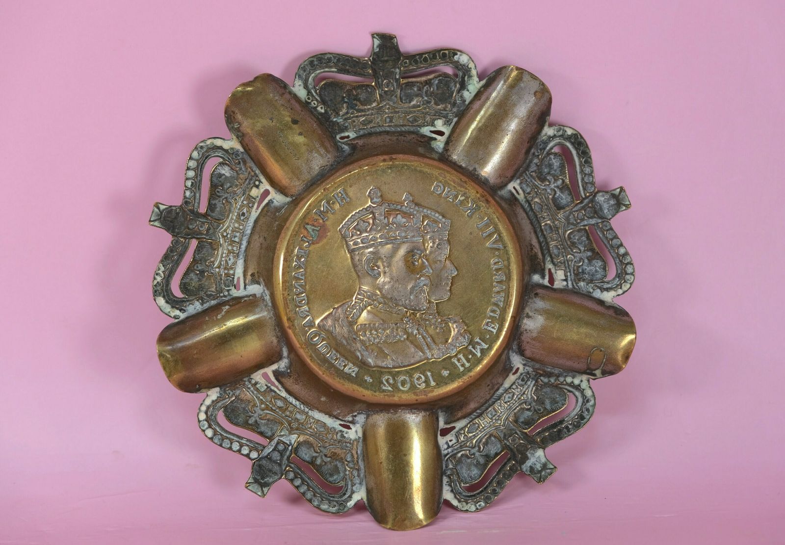 photo furniture King Edward VII Queen Alexandra Coronation 1902 — Royal Doulton Beaker & Commemorative Brass Ashtray | Rare Antique Royalty Memorabilia