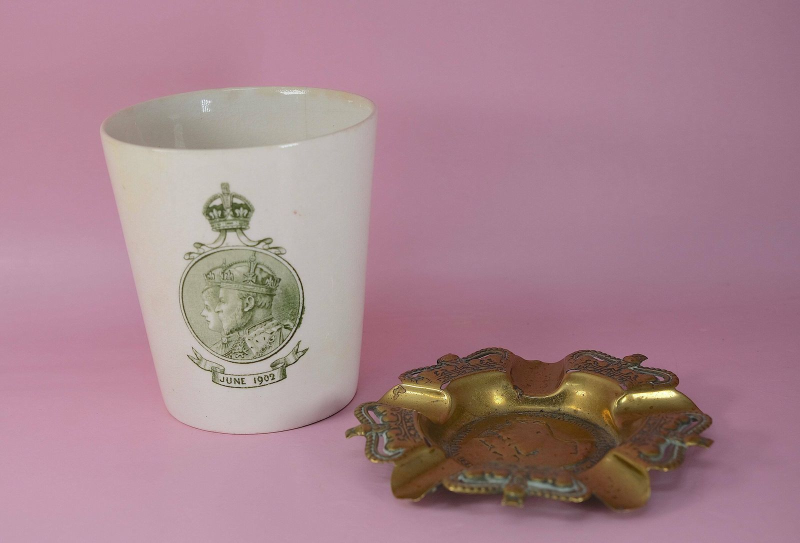photo for sale King Edward VII Queen Alexandra Coronation 1902 — Royal Doulton Beaker & Commemorative Brass Ashtray | Rare Antique Royalty Memorabilia