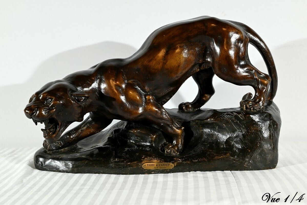 Patinated Terracotta Sculpture “Tiger On The Lookout”, Signed T.Cartier – Early 20th Century photo 976.008064556