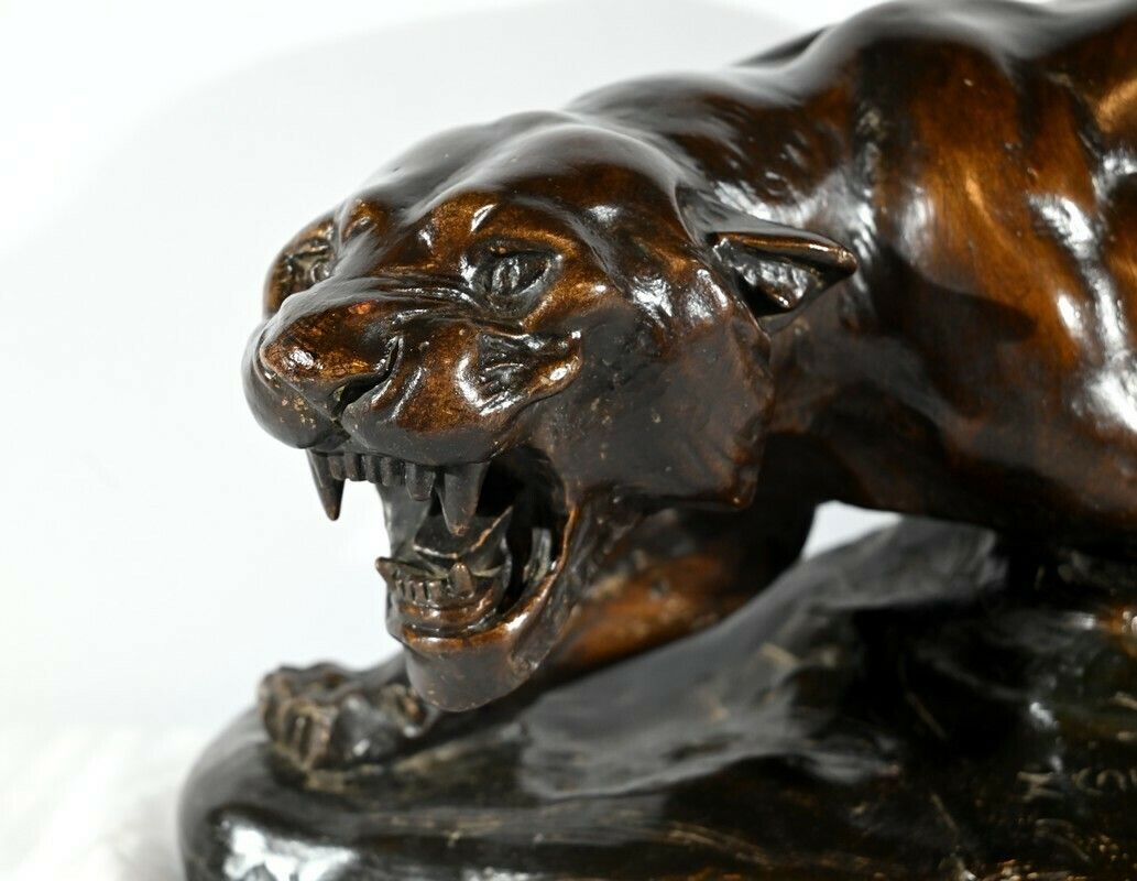 Patinated Terracotta Sculpture “Tiger On The Lookout”, Signed T.Cartier – Early 20th Century photo vinterior