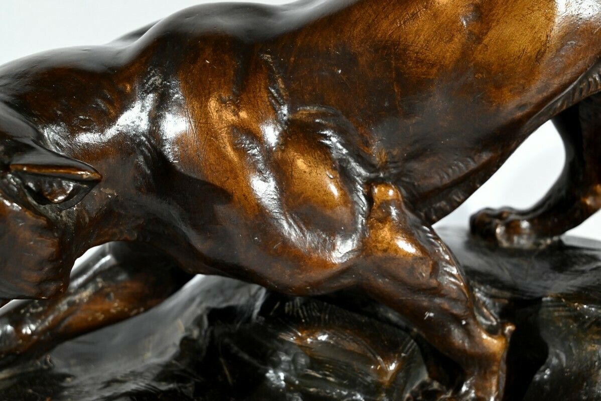 photo for sale Patinated Terracotta Sculpture “Tiger On The Lookout”, Signed T.Cartier – Early 20th Century