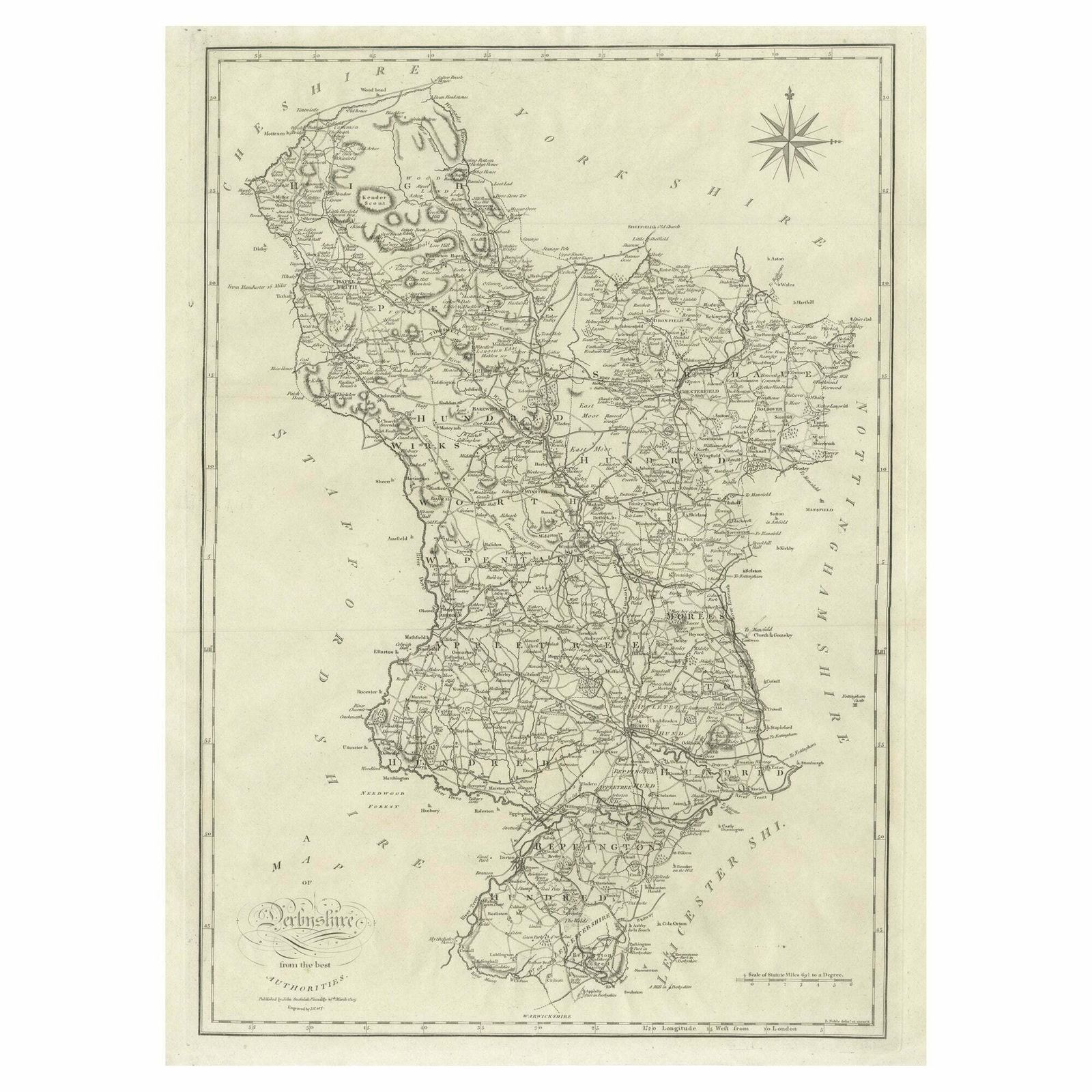 Large Antique County Map Of Derbyshire, England