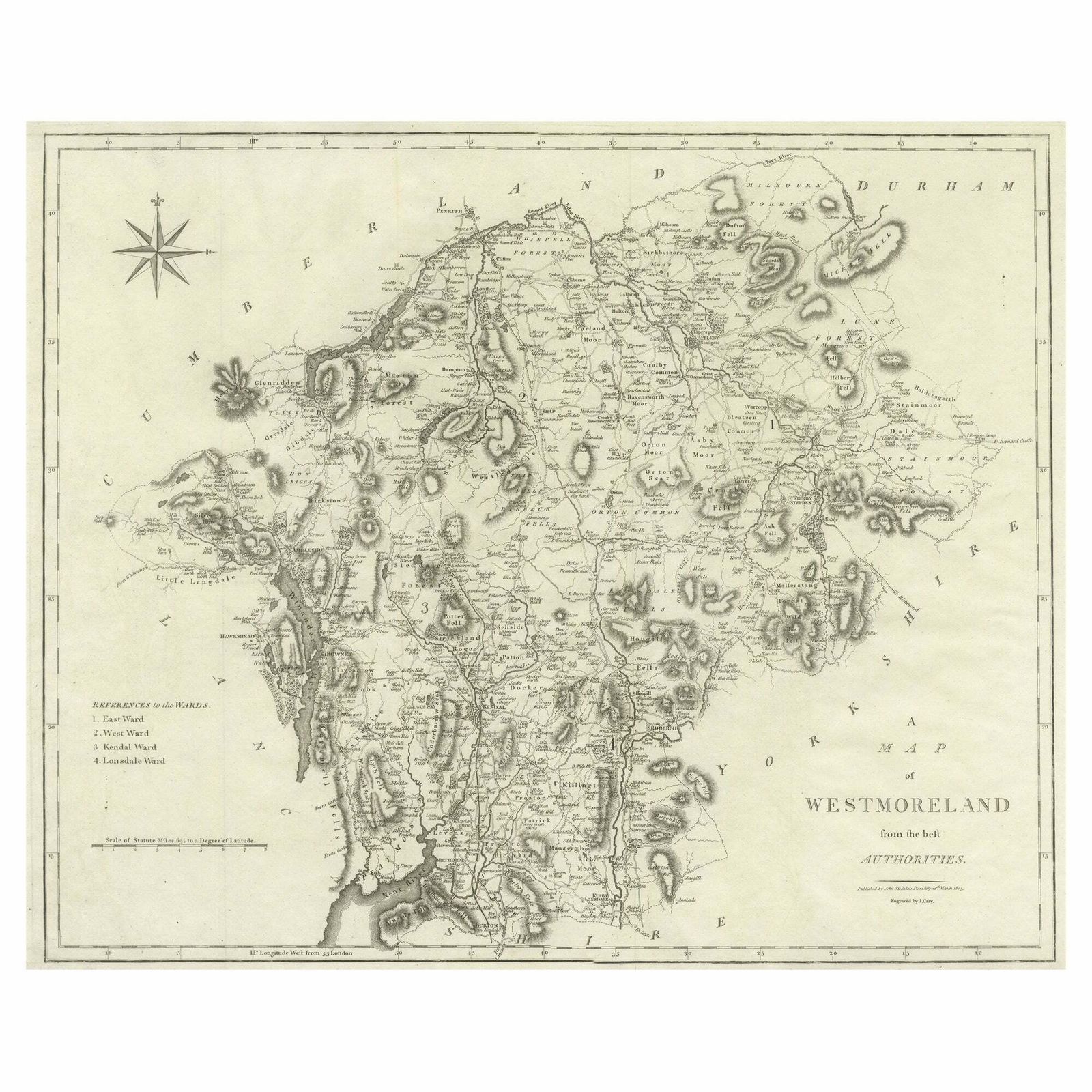 Large Antique County Map Of Westmorland, England
