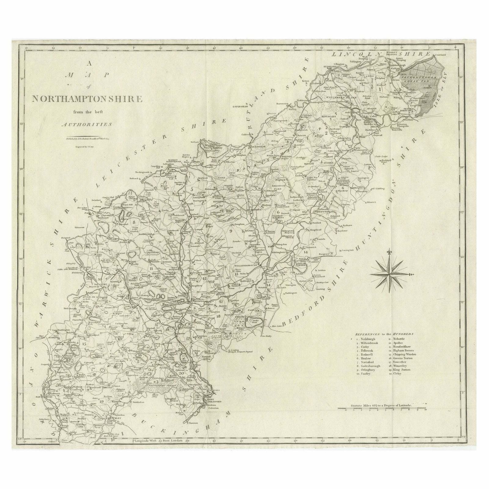 Large Antique County Map Of Northamptonshire, England