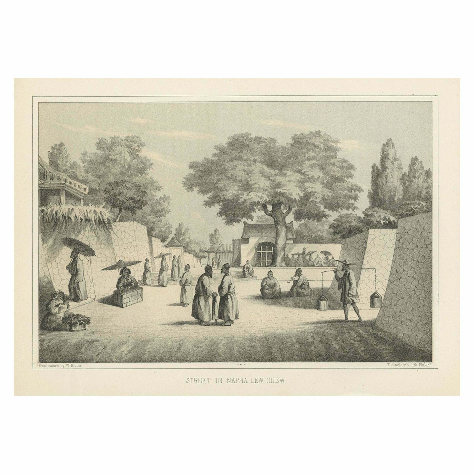 Original Antique Print Of A Street Scene In Naha, Okinawa In Japan, 1856